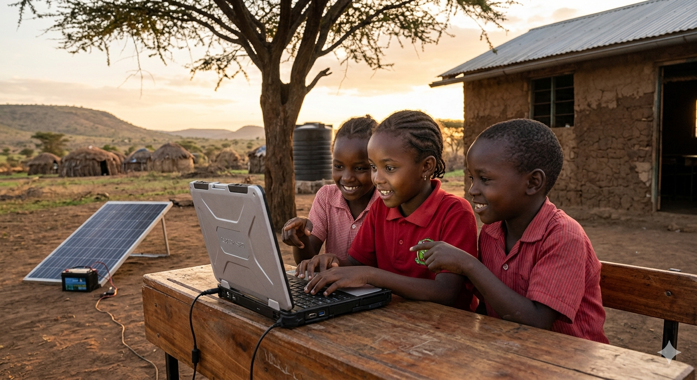 African teacher using tablet in classroom